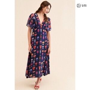 Lisa Says Gah Grace Midi Dress Short Sleeve Cocktail Martini Size Small‎ Blue